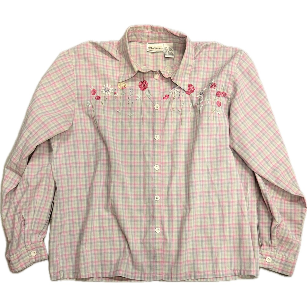 Napa Valley Vintage Plaid Floral Embroidered Button Up Shirt Pink Green Medium